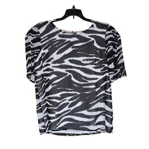Calvin Klein Zebra Print Blouse Black & White Medium Short Sleeve Button Detail